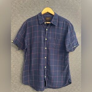 Jachs New York Navy Short-Sleeve Windowpane Button-Down Shirt 100 Linen Mens M